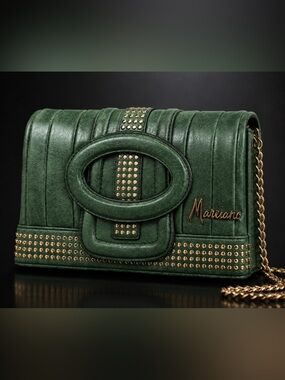 Marciano Green Quilted Fold-Over Clutch with Gold Studs